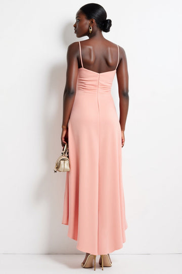 Pink Ruched A Line Spaghetti Straps High-Low Work Dress